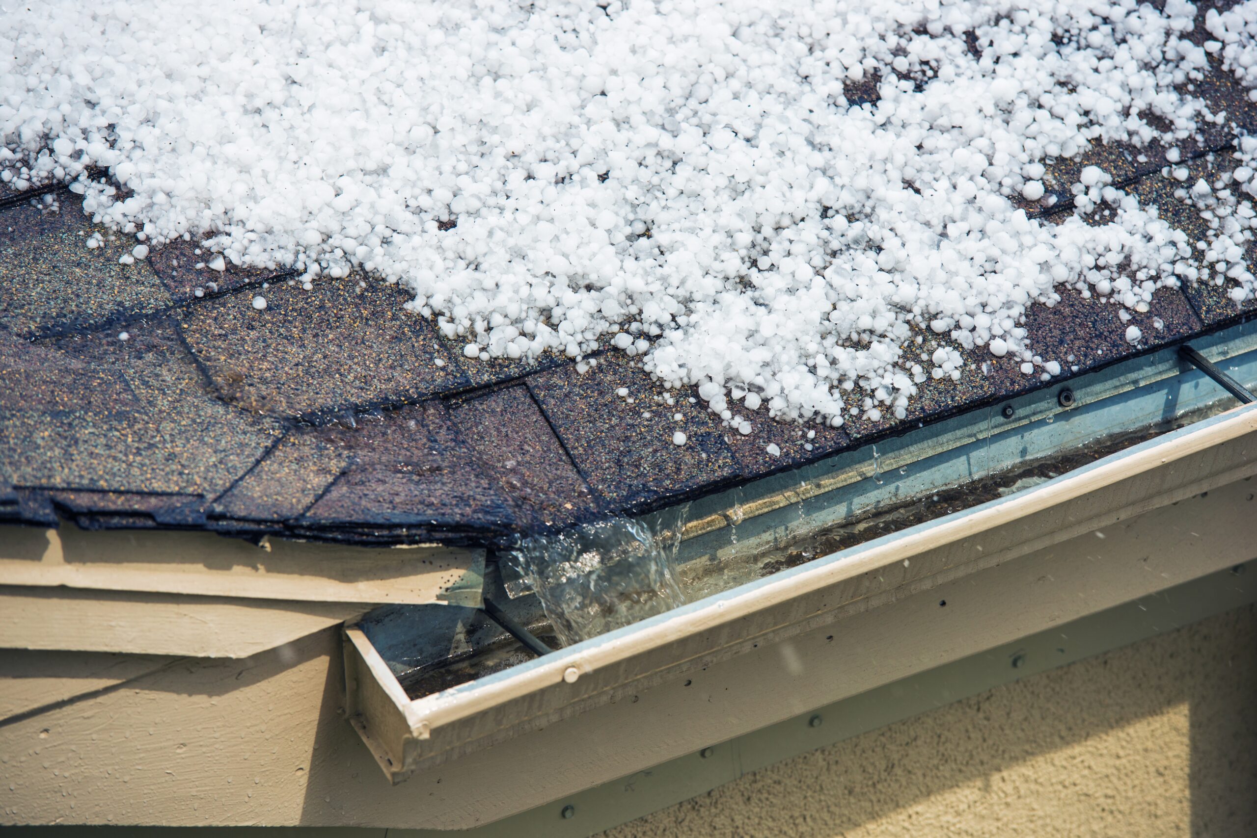 Gutter and roof after a hail storm.